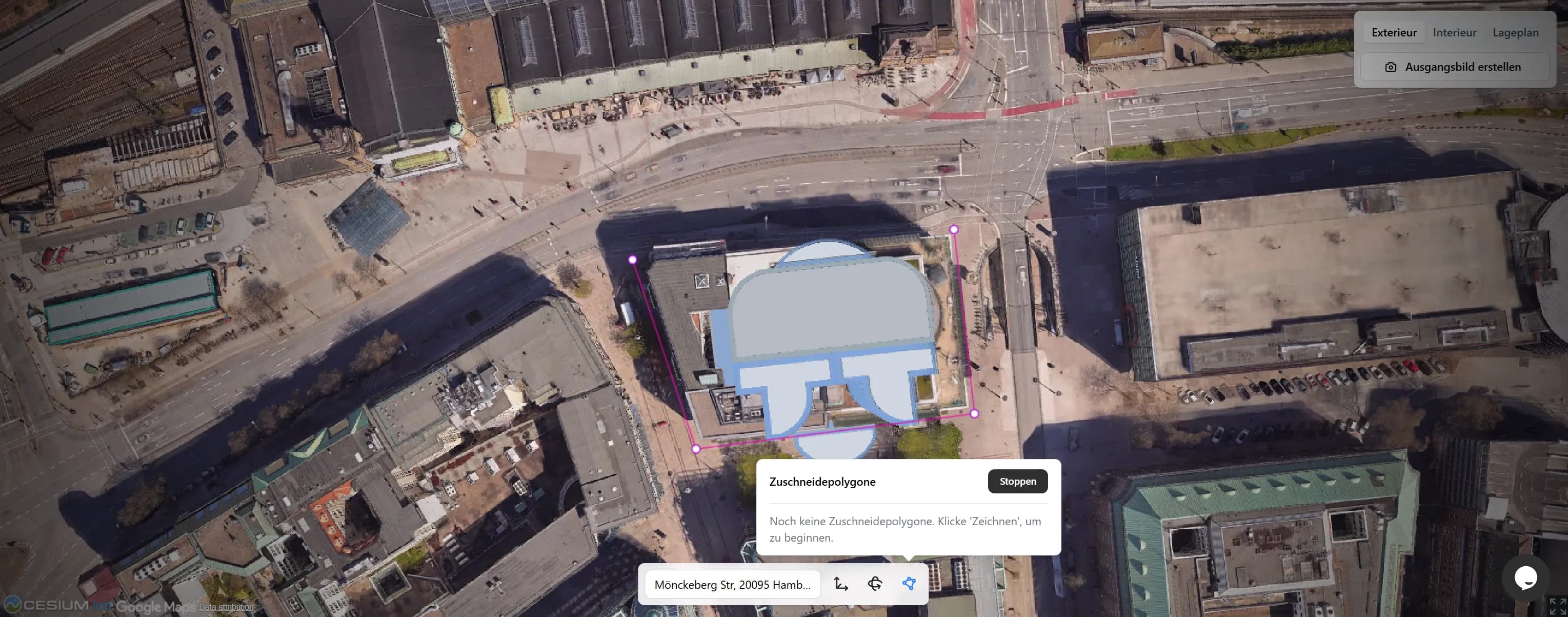 Mit dem Zuschneidepolygon werden störende Bäume und Bestandsstrukturen präzise aus dem Bauplatz herausgeschnitten.
