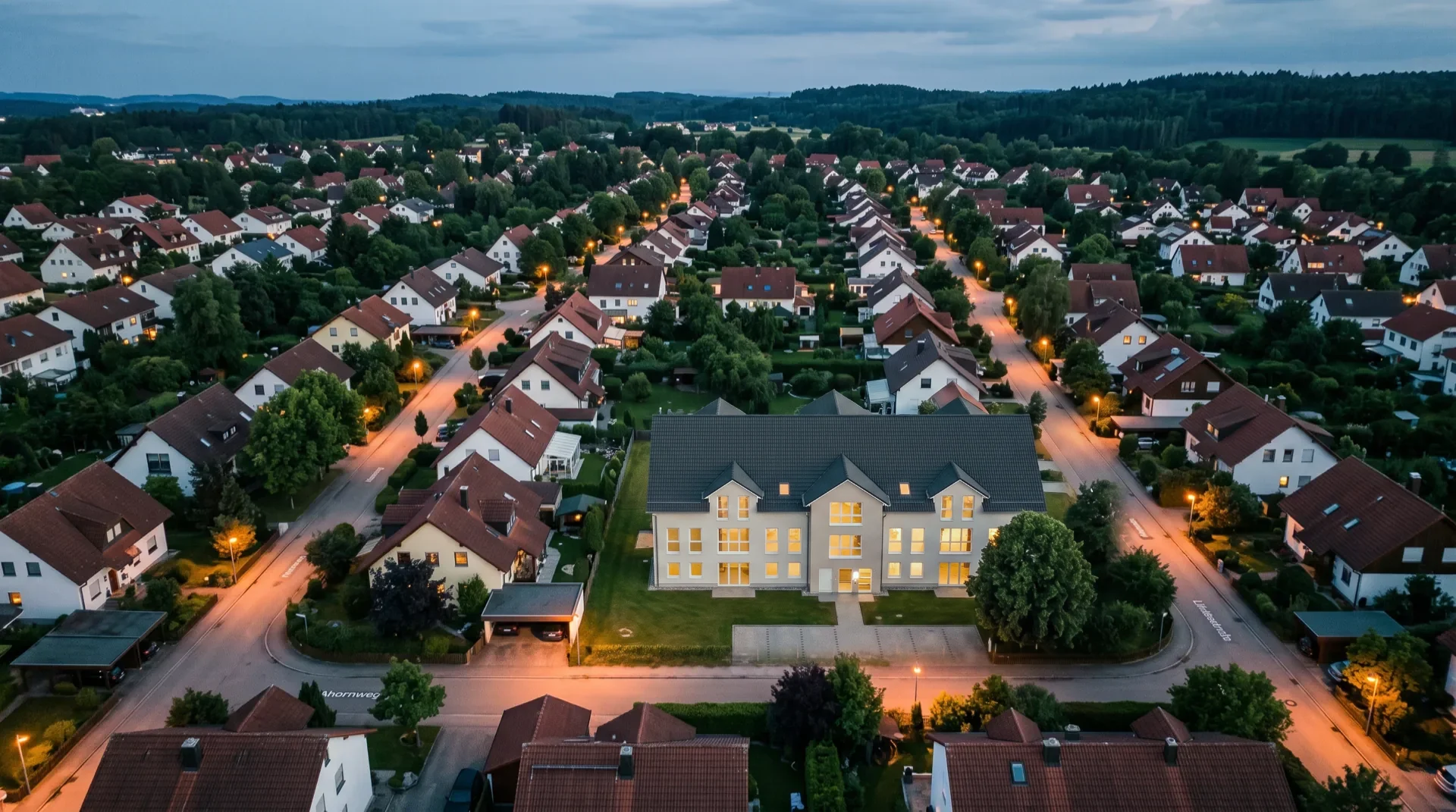 Fotorealistisches Rendering des Entwurfs am echten Standort, eingebettet in die bestehende Nachbarbebauung