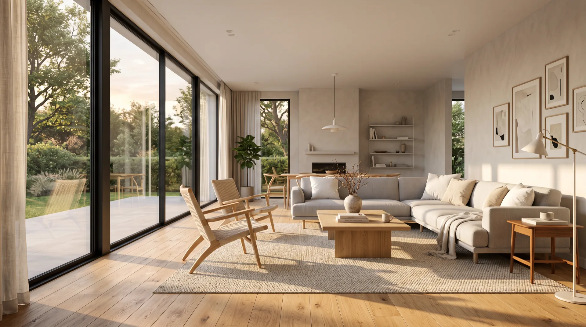Fotorealistisches Interieur-Rendering eines modernen Wohnraums mit Abendlicht