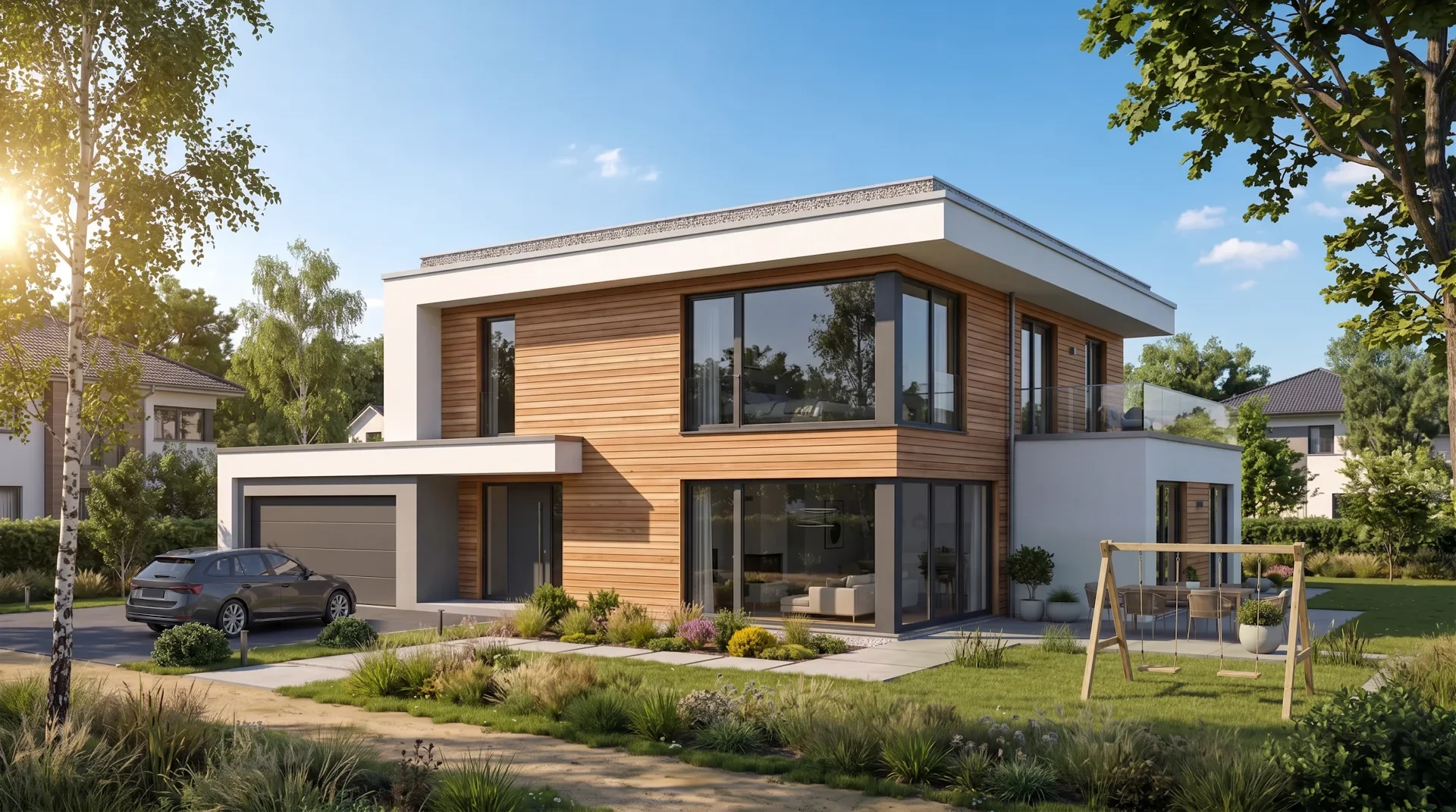 Dasselbe Rendering nach zwei gezielten Änderungen — ein Auto in der Einfahrt, eine Schaukel statt des Teichs; Haus, Terrasse und Garten sind unverändert